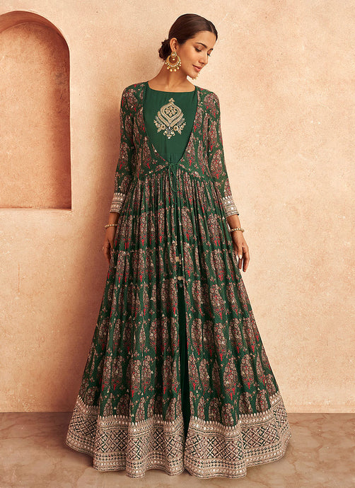 Green Floral Embroidered Jacket Style Anarkali