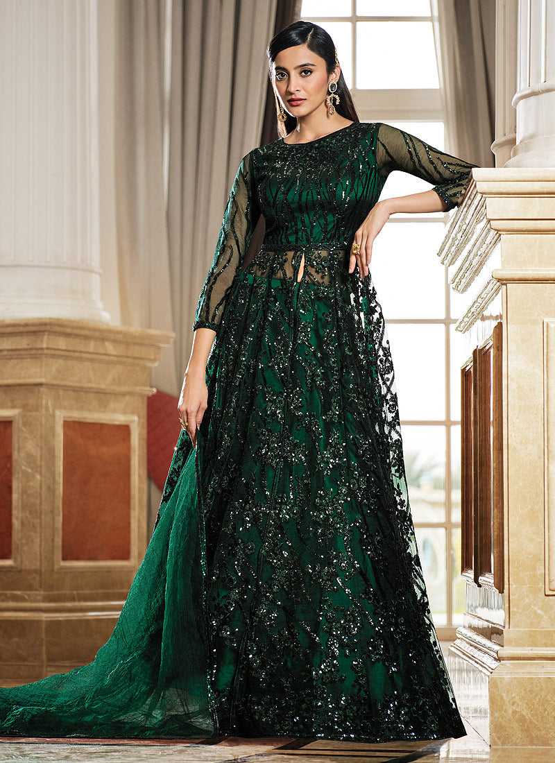 Green Floral Embroidered Stylish Lehenga/ Pant Style Anarkali fashionandstylish.myshopify.com