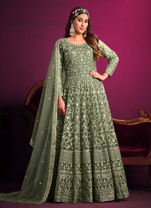 Green Floral Heavy Embroidered  Anarkali Suit