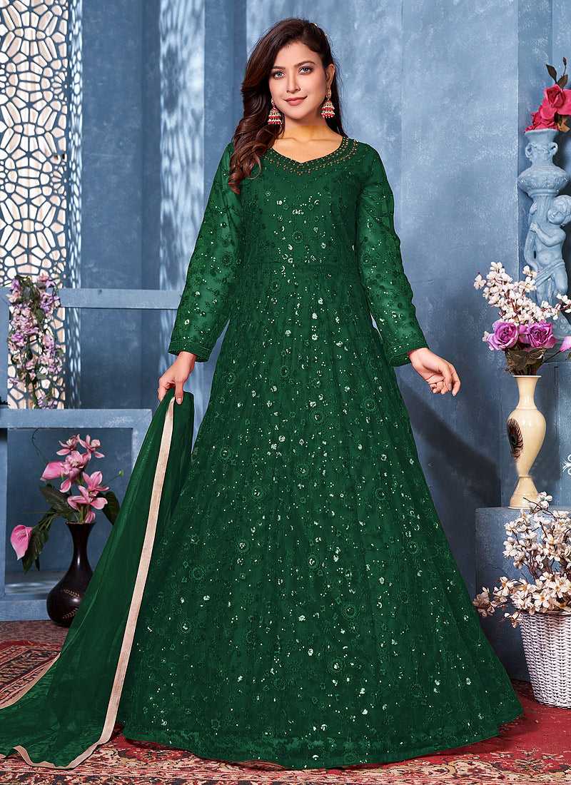Green Floral Heavy Embroidered Gown Style Anarkali fashionandstylish.myshopify.com
