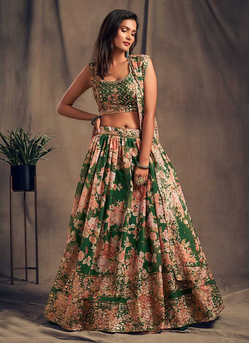 Green Floral Printed Stylish Embroidered Lehenga Choli fashionandstylish.myshopify.com