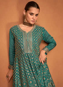 Green Gold Embroidered Sharara Style Suit