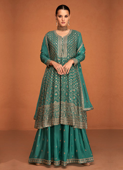 Green Gold Embroidered Sharara Style Suit