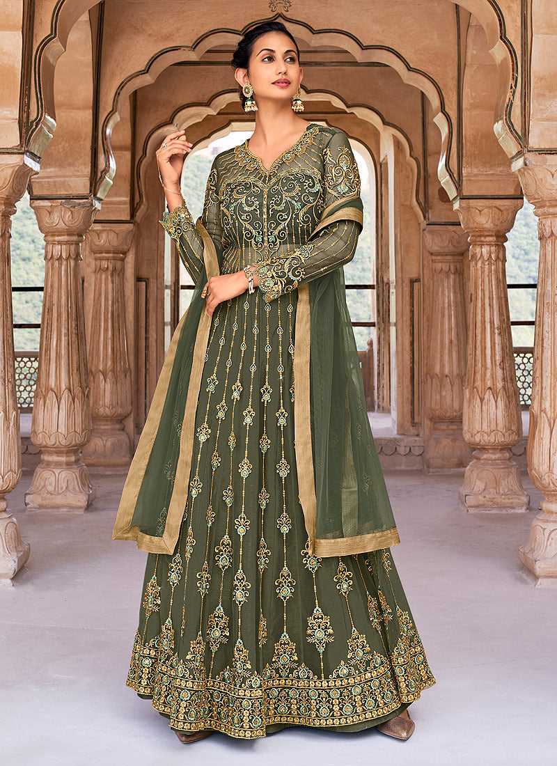 olive green anarkali dress Olive Green Embroidered Anarkali Gown with Elegant Floral Handwork main image 0