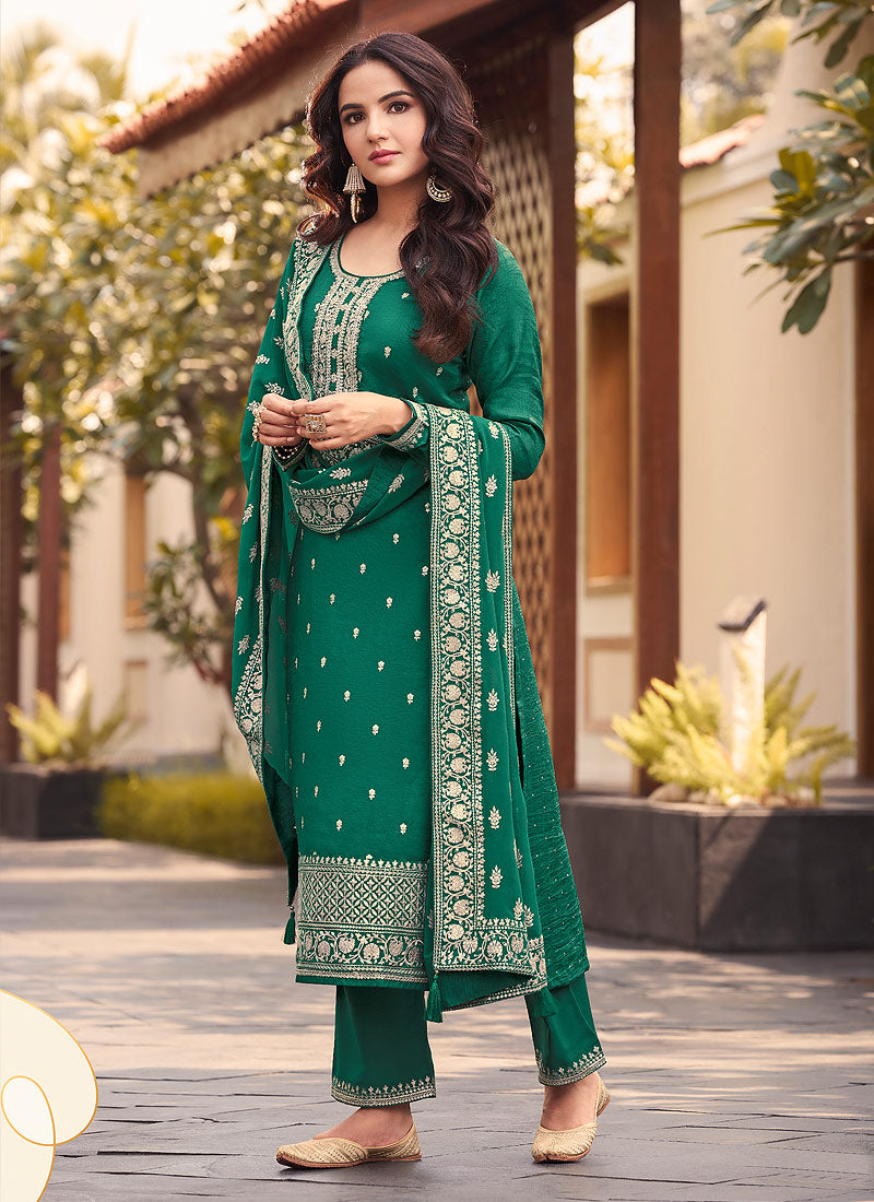 Green Heavy Embroidered Designer Silk Pant Suit