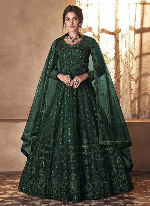 Green Heavy Embroidered Gown Style Anarkali Suit fashionandstylish.myshopify.com