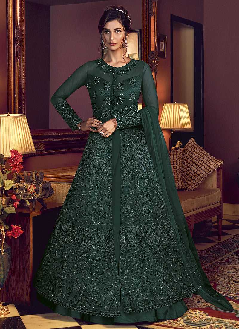 fashionandstylish Green Heavy Embroidered Lehenga/ Pant Style Anarkali Green / Thread / Net fashionandstylish Green Heavy Embroidered Lehenga/ Pant Style Anarkali Green / Thread / Net