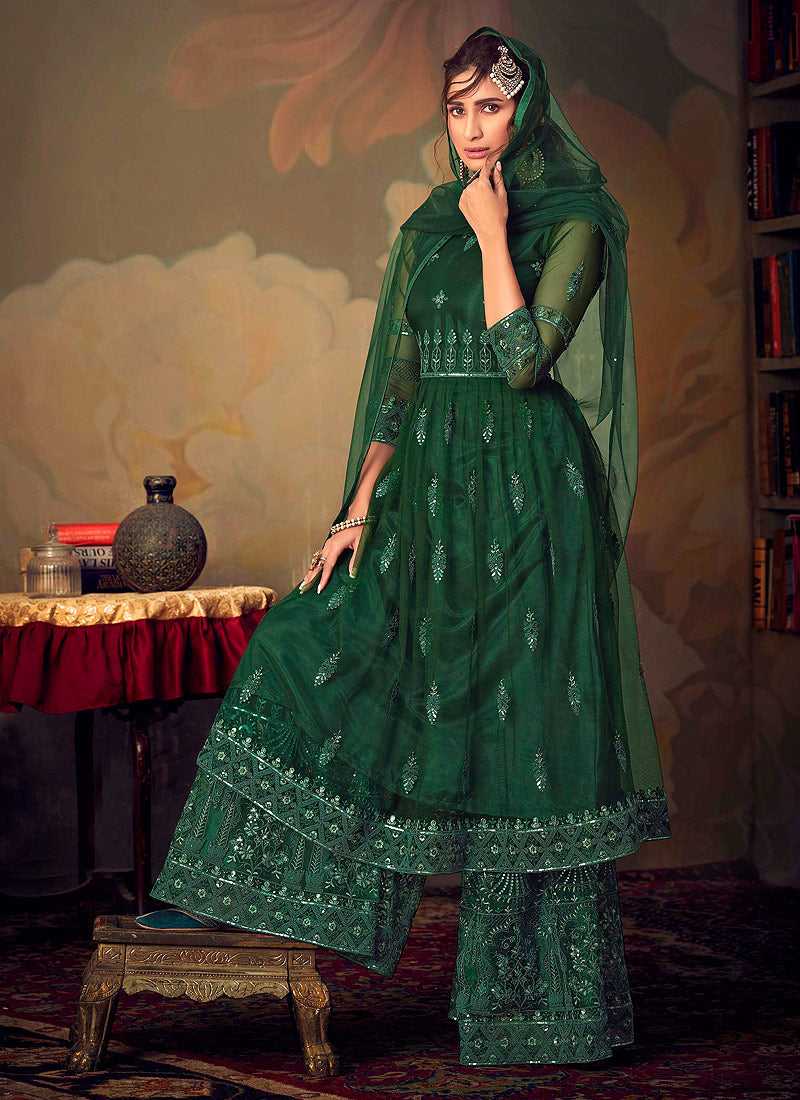 Green Heavy Embroidered Net Sharara Style Suit fashionandstylish.myshopify.com