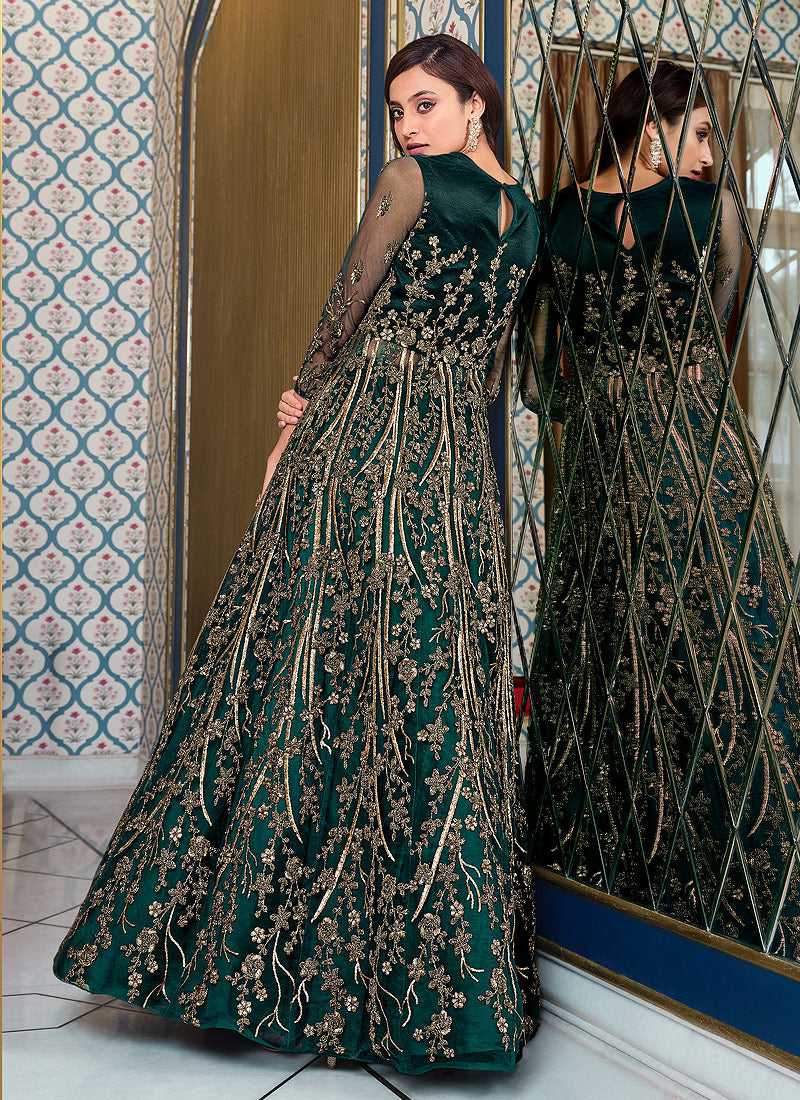 Green Heavy Embroidered Slit Lehenga/ Pant Style Anarkali Fashneo Green Heavy Embroidered Slit Lehenga/ Pant Style Anarkali Fashneo