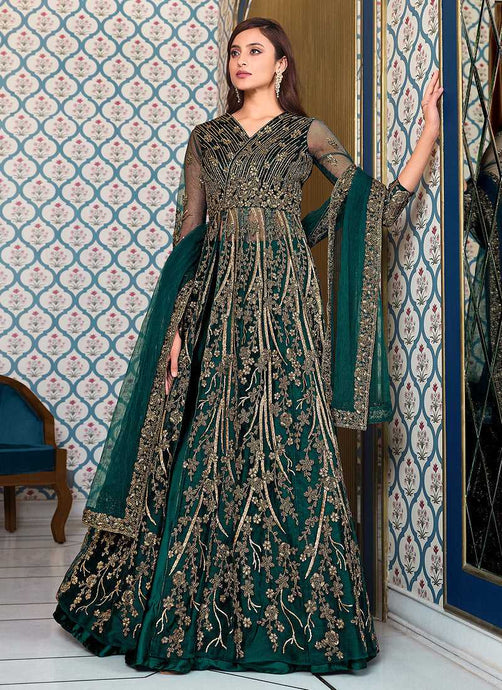 Green Heavy Embroidered Slit Lehenga/ Pant Style Anarkali fashionandstylish.myshopify.com