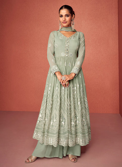 Green Heavy Embroidered Stylish Sharara Suit