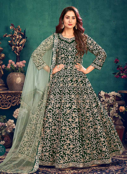 Green Heavy Embroidered Stylish Velvet Anarkali Suit fashionandstylish.myshopify.com