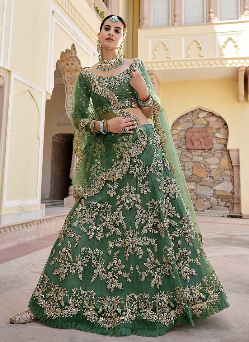 Green Heavy Floral Embroidered Stylish Wedding Lehenga fashionandstylish.myshopify.com