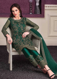 Green Heavy Net Embroidered Straight Pant Style Suit fashionandstylish.myshopify.com