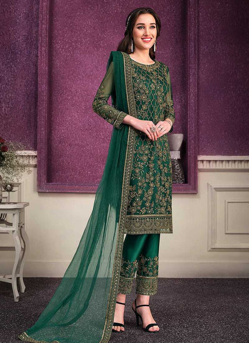 Green Heavy Net Embroidered Straight Pant Style Suit fashionandstylish.myshopify.com