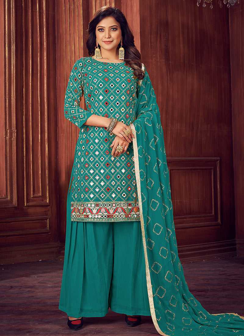 Green Mirror Embroidered Sharara Style Suit fashionandstylish.myshopify.com