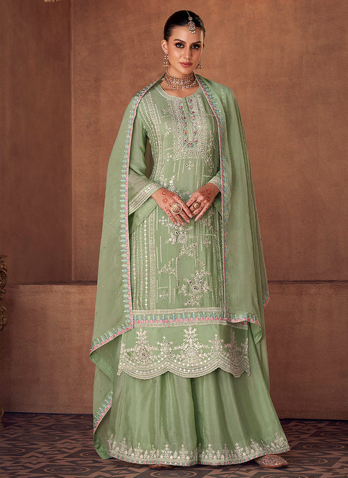 Green Mirror Embroidered Stylish Sharara Suit