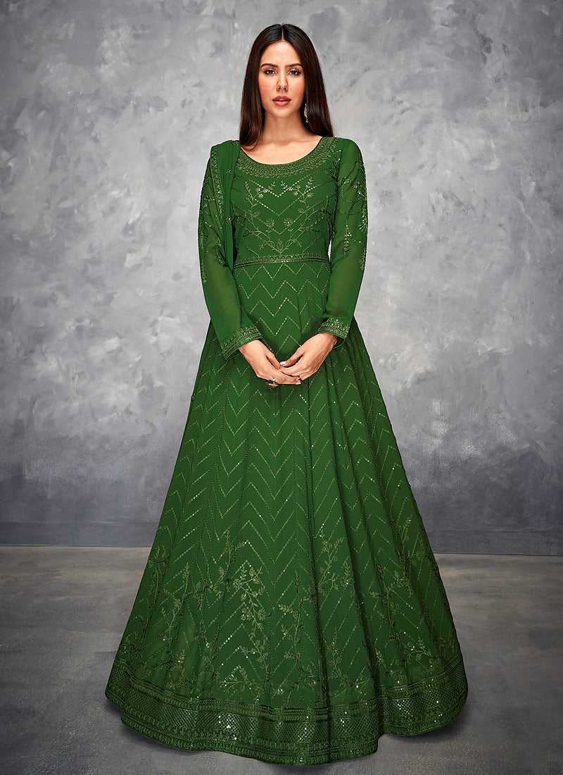 Green Sequin Embroidered Floor touch Anarkali fashionandstylish.myshopify.com