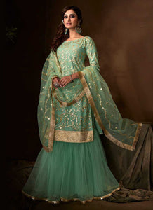 Green Sequins Work Embroidered Gharara Style Suit fashionandstylish.myshopify.com