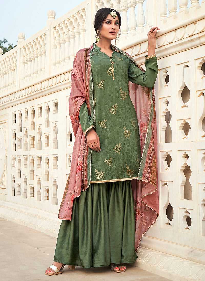Green Silk Work Embroidered Gharara Style Suit fashionandstylish.myshopify.com