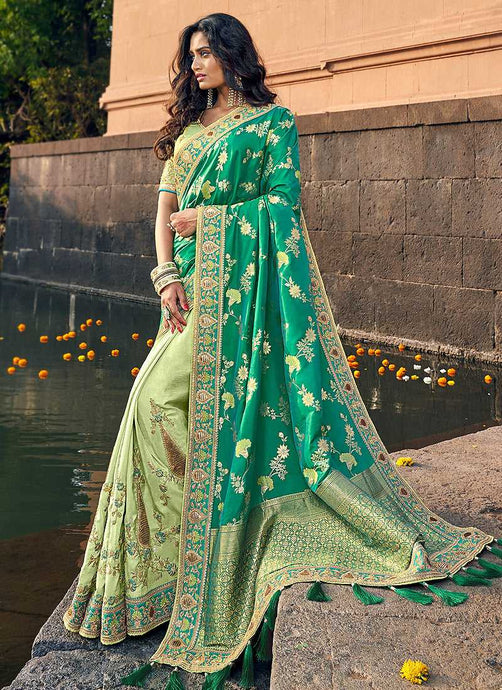 Green and Gold Embroidered Bollywood Style Saree fashionandstylish.myshopify.com