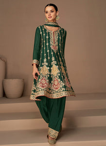 Green and Gold Embroidered Fashionable Pant Style Suit