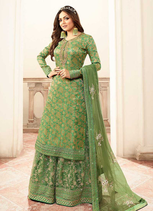 Green and Gold Embroidered Sharara Style Suit fashionandstylish.myshopify.com