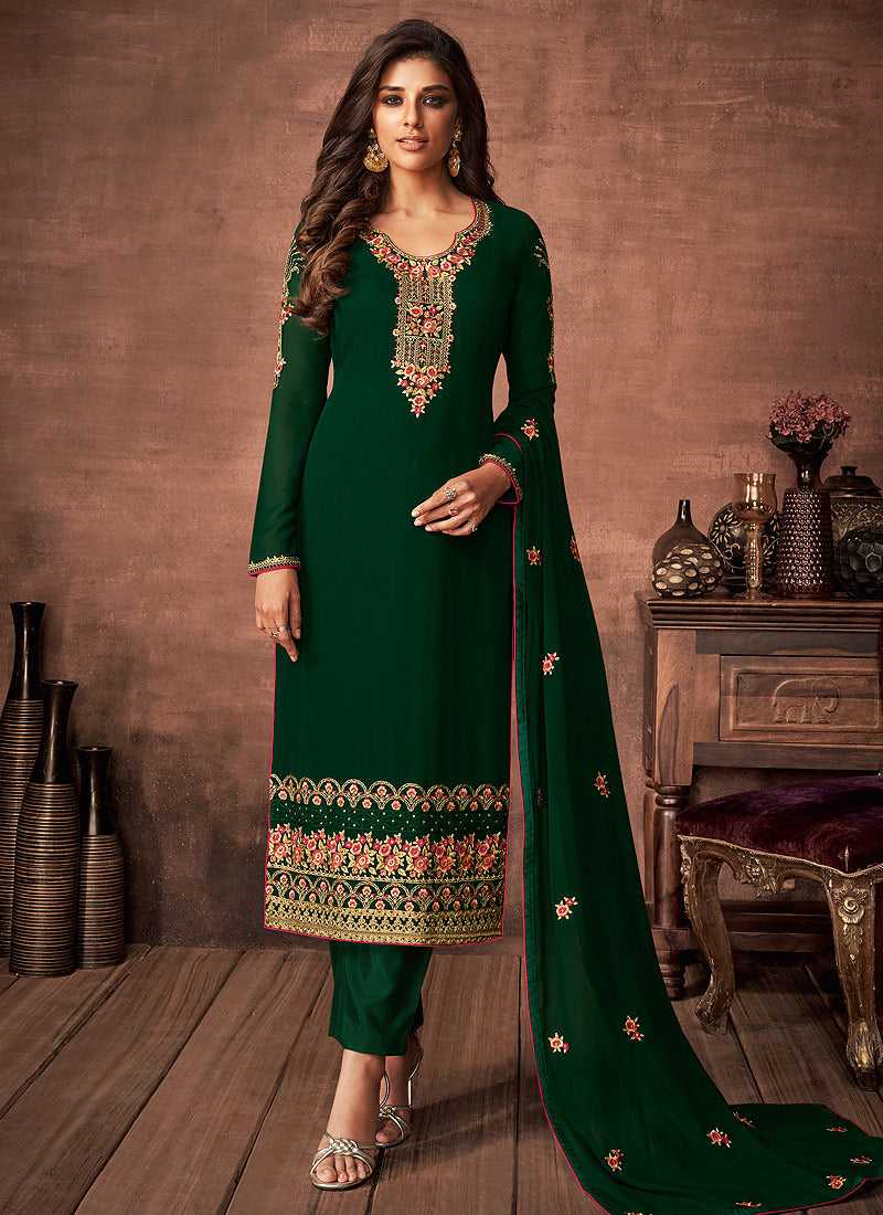 Green and Gold Embroidered Straight Pant Style Suit fashionandstylish.myshopify.com