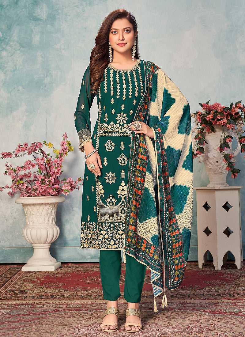 Green and Gold Embroidered Trendy Pant Style Suit fashionandstylish.myshopify.com