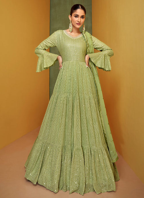 Green and Gold Heavy Embroidered Anarkali Suit