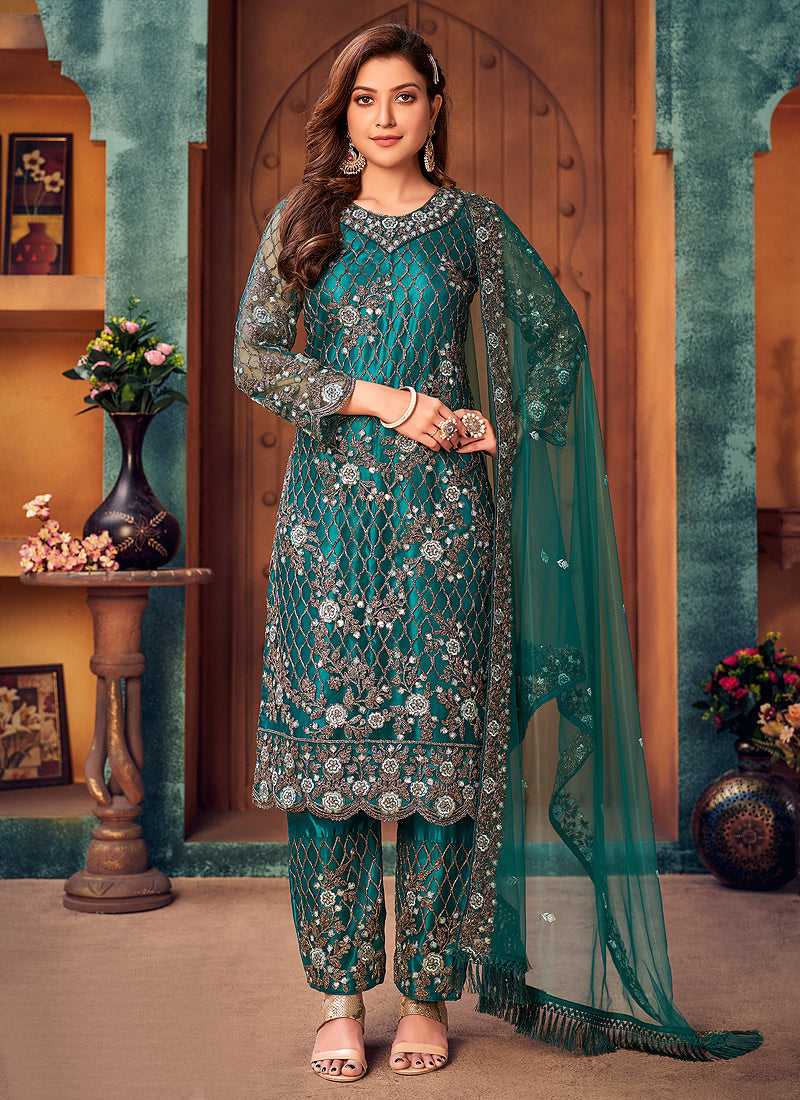 Green and Gold Heavy Embroidered Pant Style Suit fashionandstylish.myshopify.com