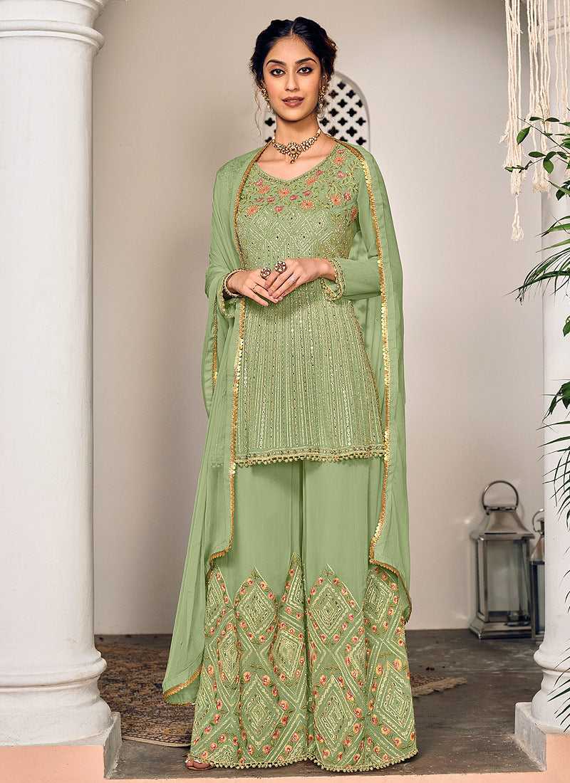 Green and Gold Heavy Embroidered Sharara Suit fashionandstylish.myshopify.com