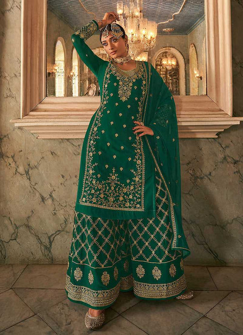 Green and Gold Heavy Embroidered Stylish Palazzo Suit fashionandstylish.myshopify.com