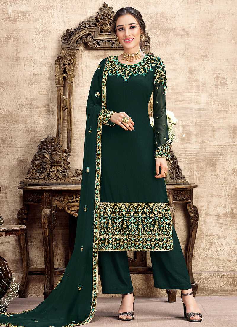 Green and Gold Straight Cut Embroidered Pant Style Suit fashionandstylish.myshopify.com