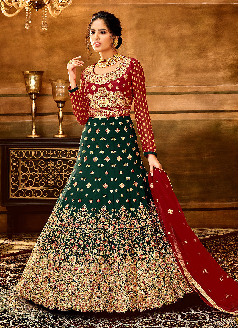Green and Red Heavy Embroidered Anarkali Suit