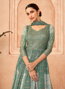 Green and White Embroidered Stylish Anarkali Suit