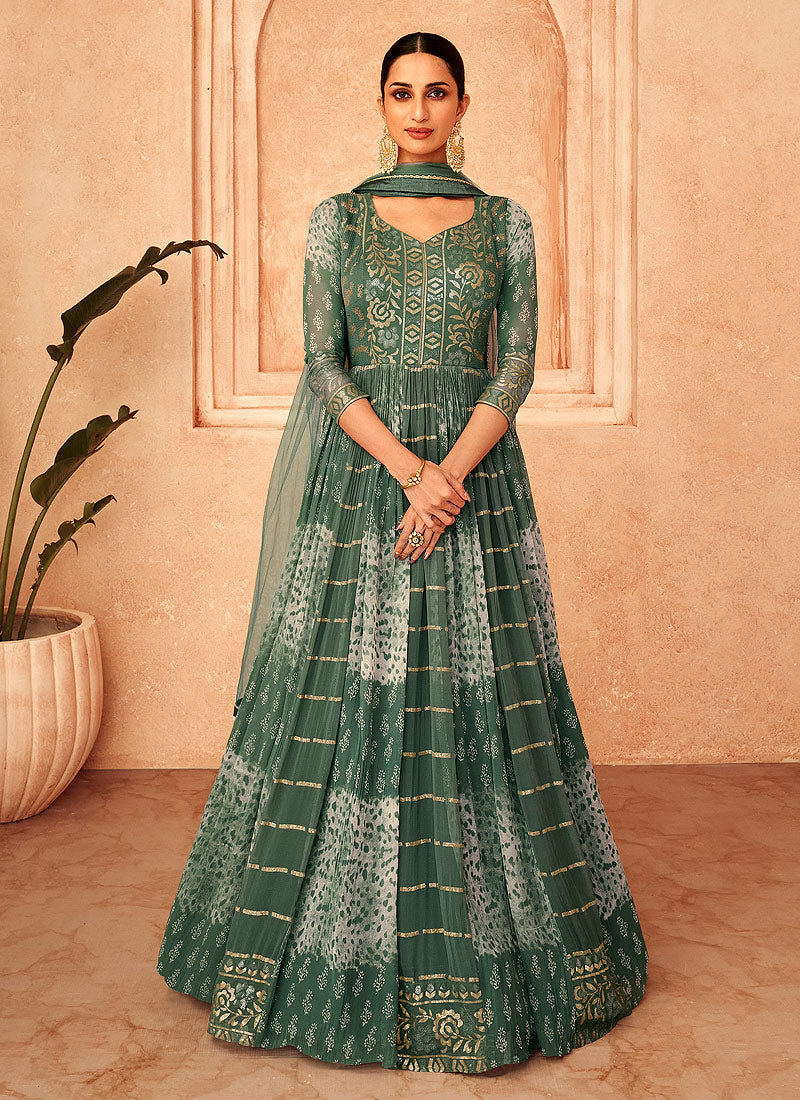 Green and White Embroidered Stylish Anarkali Suit - Indian Lehenga Fashneo Green and White Embroidered Stylish Anarkali Suit - Indian Lehenga Fashneo