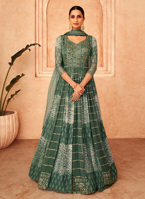 Green and White Embroidered Stylish Anarkali Suit