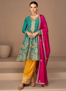 Green and Yellow Embroidered Fashionable Pant Style Suit