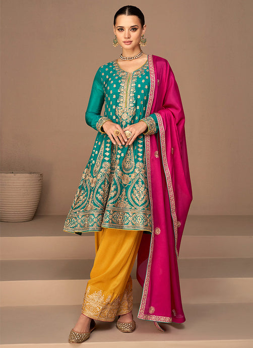 Green and Yellow Embroidered Fashionable Pant Style Suit