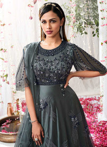 Grey Blue Heavy Embroidered Designer Kalidar Anarkali Suit fashionandstylish.myshopify.com