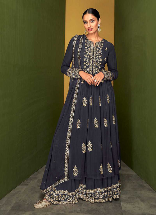 Grey Blue Heavy Embroidered Designer Sharara Suit fashionandstylish.myshopify.com