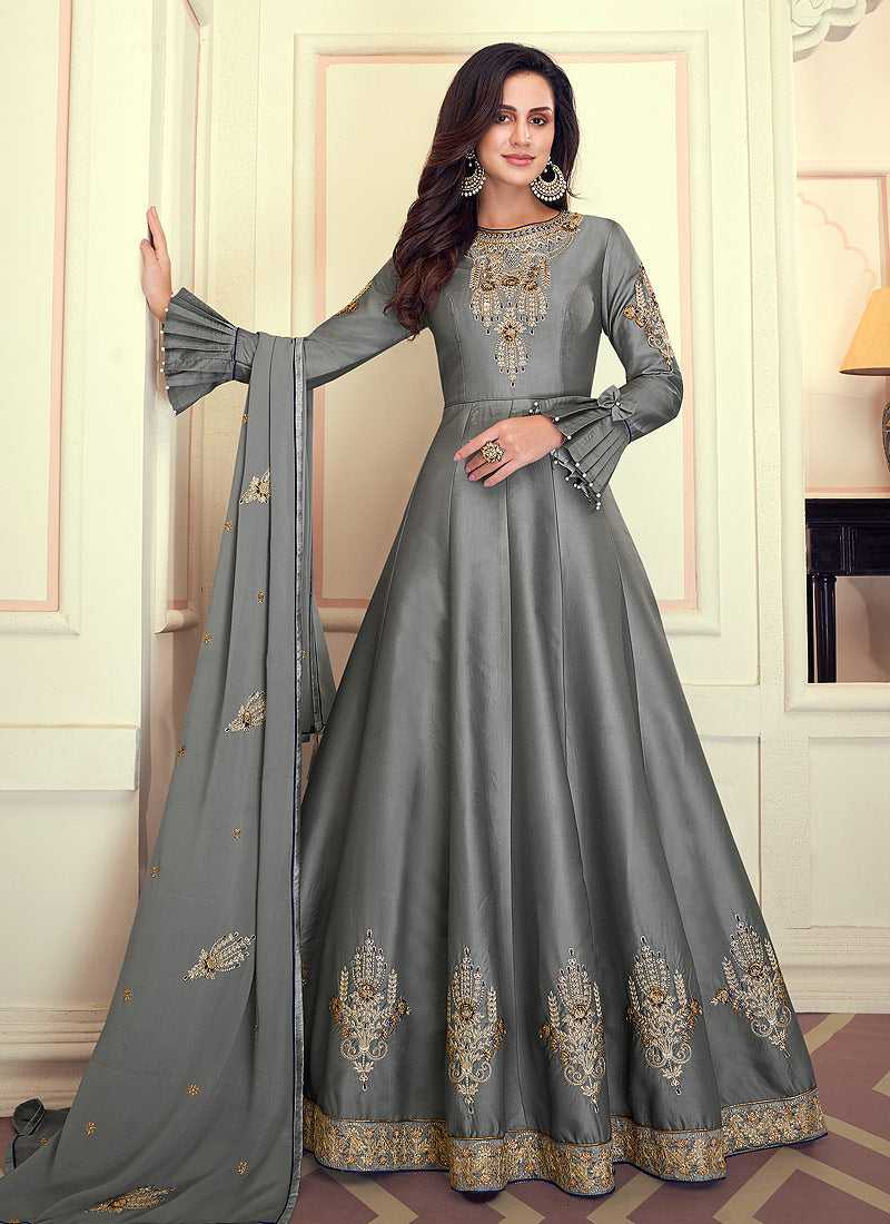 Spiff Up Grey Colored Kalidar Embroidered Silk Voluptuous Gown Grey / Stone / Silk Spiff Up Grey Colored Kalidar Embroidered Silk Voluptuous Gown Grey / Stone / Silk