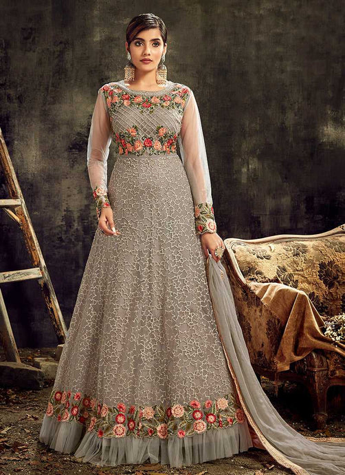 Grey Embroidered Kalidar Anarkali Style Suit fashionandstylish.myshopify.com