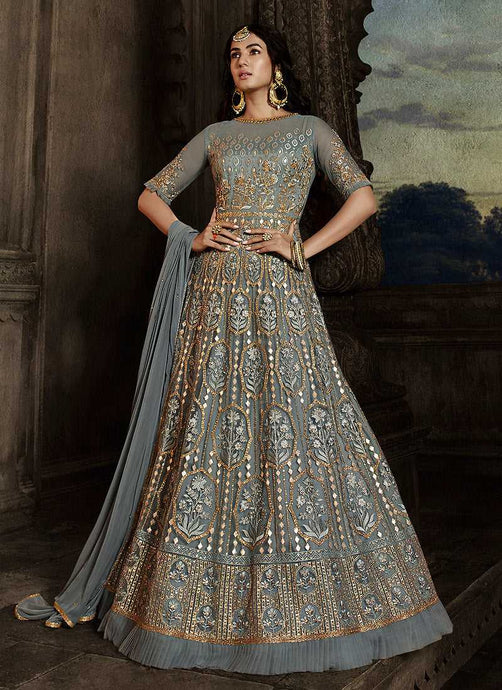 Grey Floral Embroidered Heavy Anarkali Suit fashionandstylish.myshopify.com