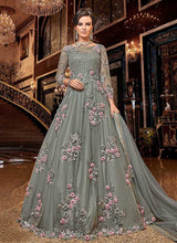 Load image into Gallery viewer, Grey Floral Pink buds Embroidered Anarkali fashionandstylish.myshopify.com
