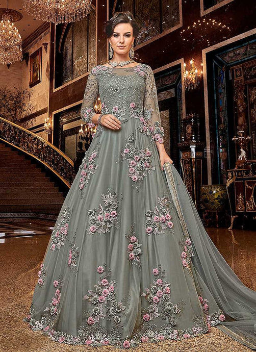 Grey Floral Pink buds Embroidered Anarkali fashionandstylish.myshopify.com