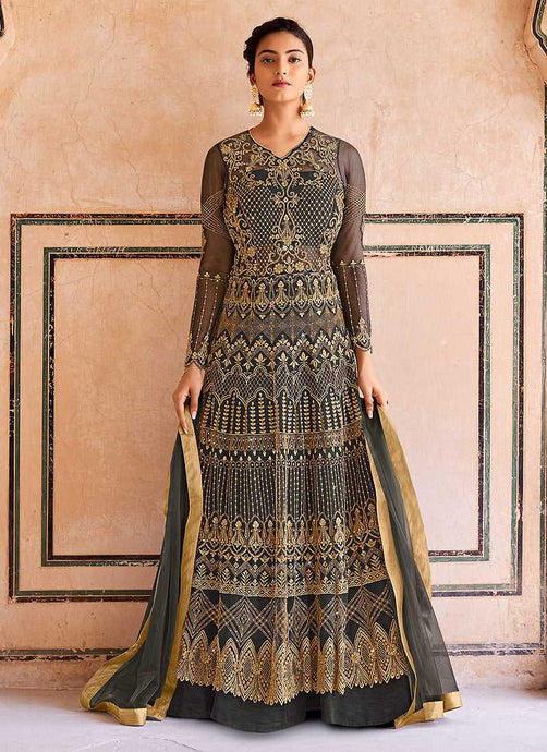 Grey Gold Heavy Embroidered Lehenga Style Anarkali fashionandstylish.myshopify.com