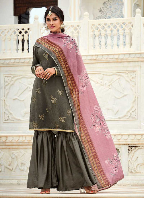 Grey Silk Work Embroidered Gharara Style Suit fashionandstylish.myshopify.com