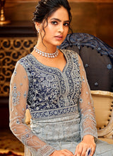 Load image into Gallery viewer, Grey and Blue Heavy Embroidered Anarkali Suit
